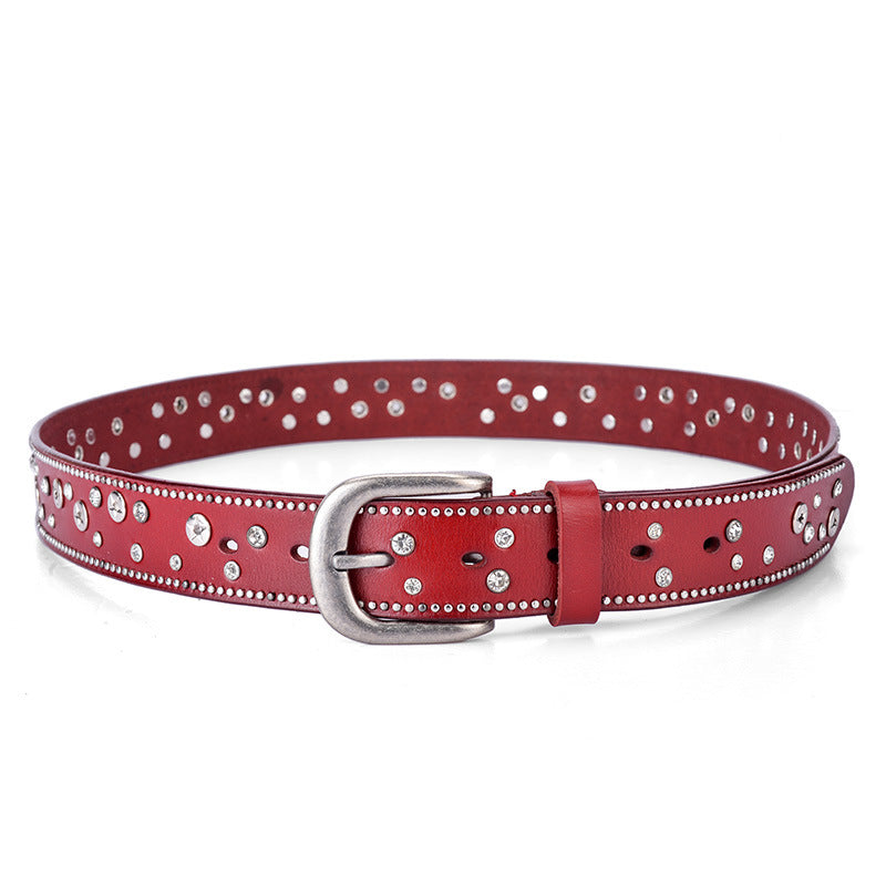 Fashion Trend Ladies Leather Rivet Rhinestone Inlaid Pin Buckle Belt