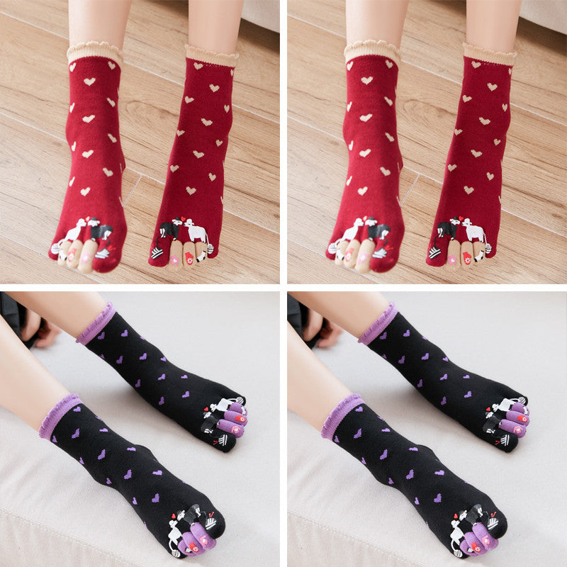 Autumn and Winter Cotton Five-finger Socks Women's Tube