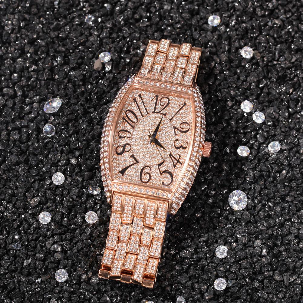 Large tonneau-shaped dial with full diamonds