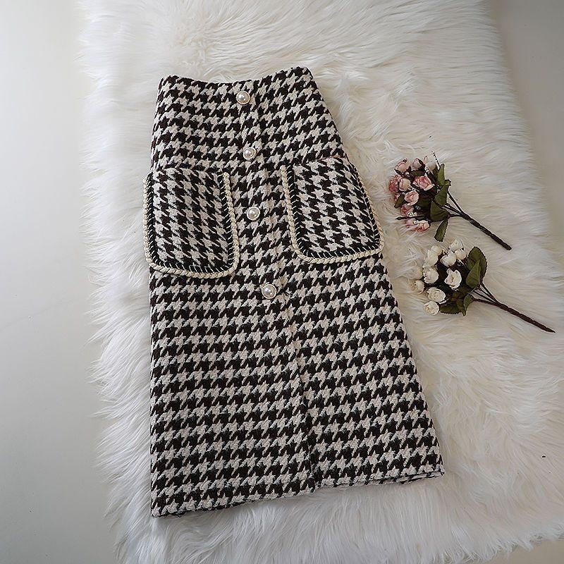 New Fashion Mid-length Female Online Influencer A- Line High Waist Slimming Woolen Plaid Skirt Trendy Style