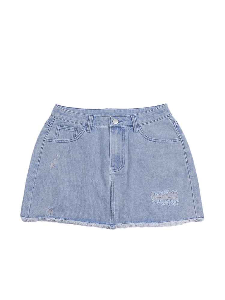 Ripped Denim Mini With Raw Hem Street-style Casual Denim Skirt Featuring Pockets