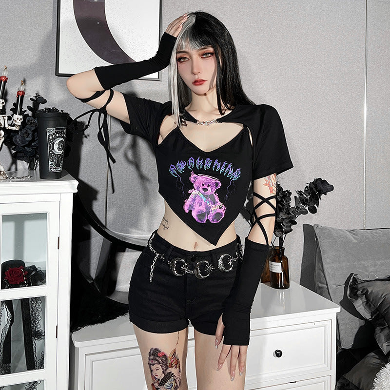 Personality Irregular Cropped Navel Bear Print Short Sleeves