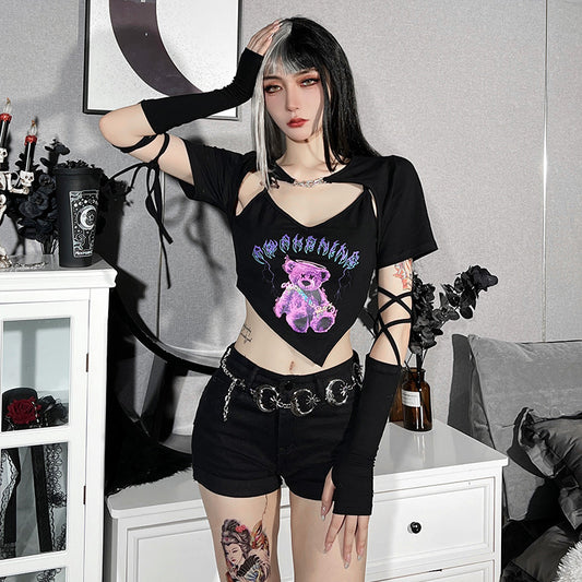 Personality Irregular Cropped Navel Bear Print Short Sleeves