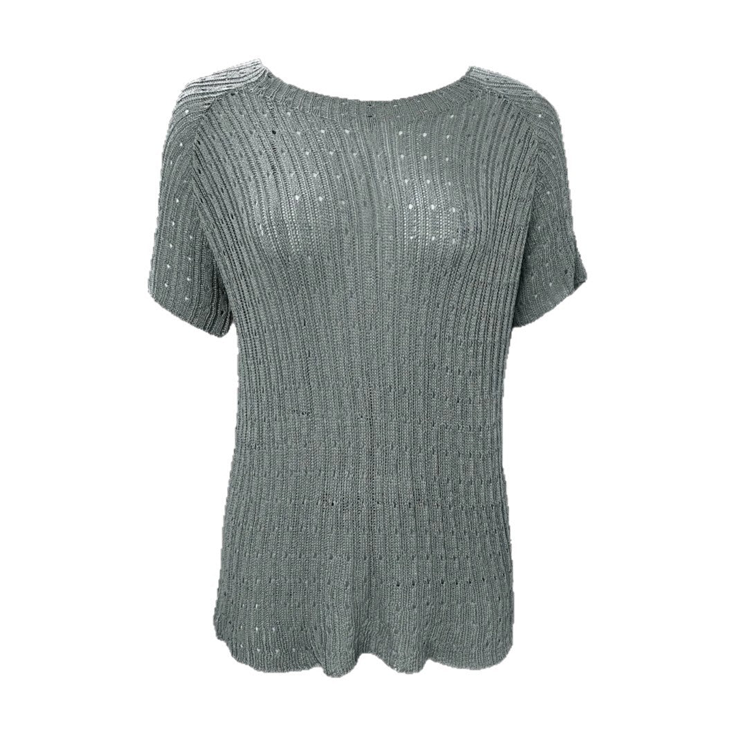 Women's Solid-color Crew-neck Hollow-out Mesh Knit Short-sleeve