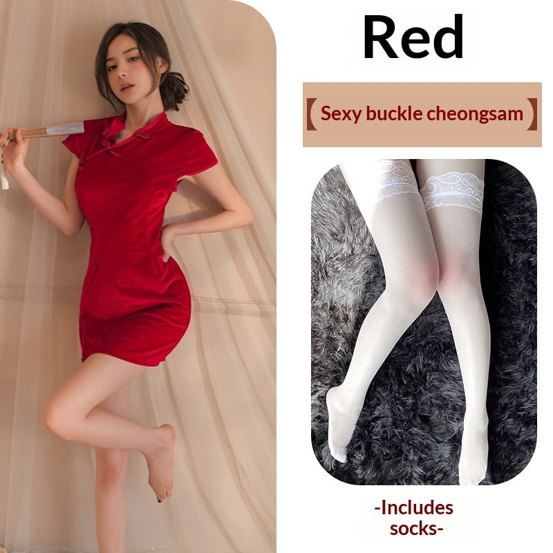 Velvet-Panel Vintage Qipao Uniform Set