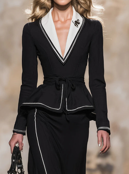 Simple And Stylish White Collared Black Jacket And Skirt Set