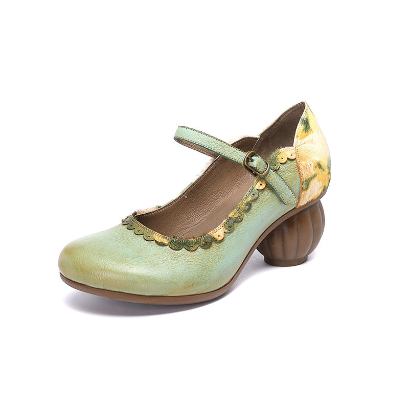Horseshoe heel round toe leather women's shoes