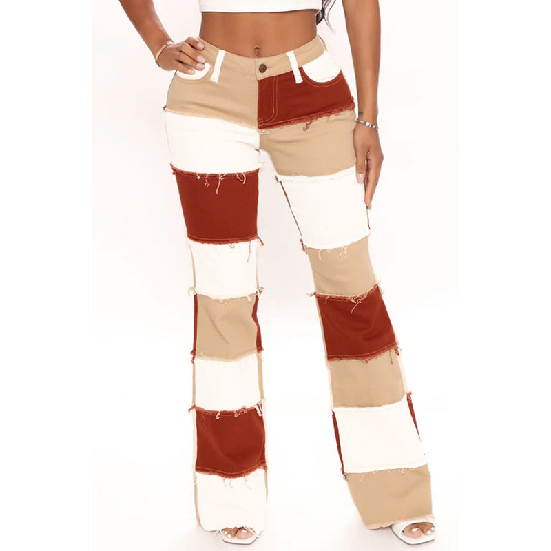 Flow Fashion Patchwork High Waist Tight Hip Horn Women's Denim Trousers