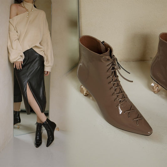 Women's Lace-up Zippered Crystal Heel Leather Martin Boots