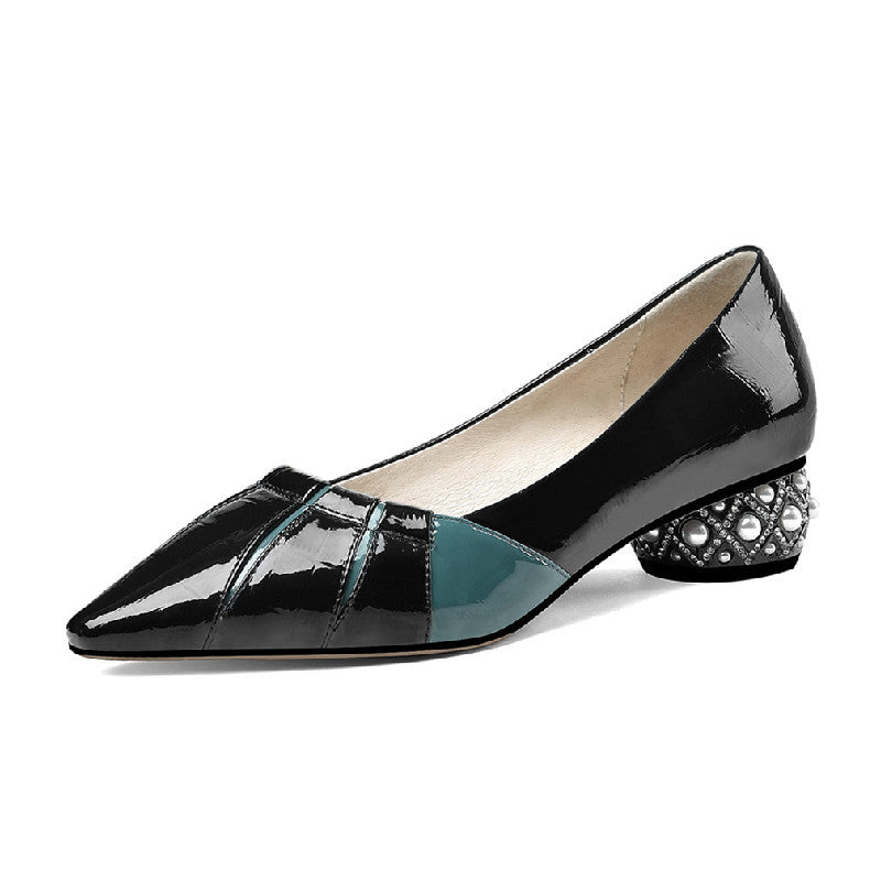 Pointed Toe Rhinestone Leather Single Shoes
