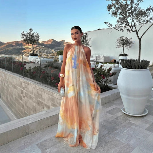 Printed, Loose-Fitting Halterneck Backless Resort Dress