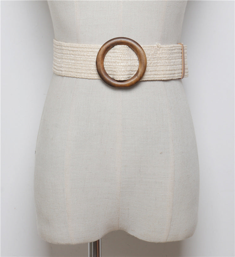Woven round buckle belt with bohemian wax rope