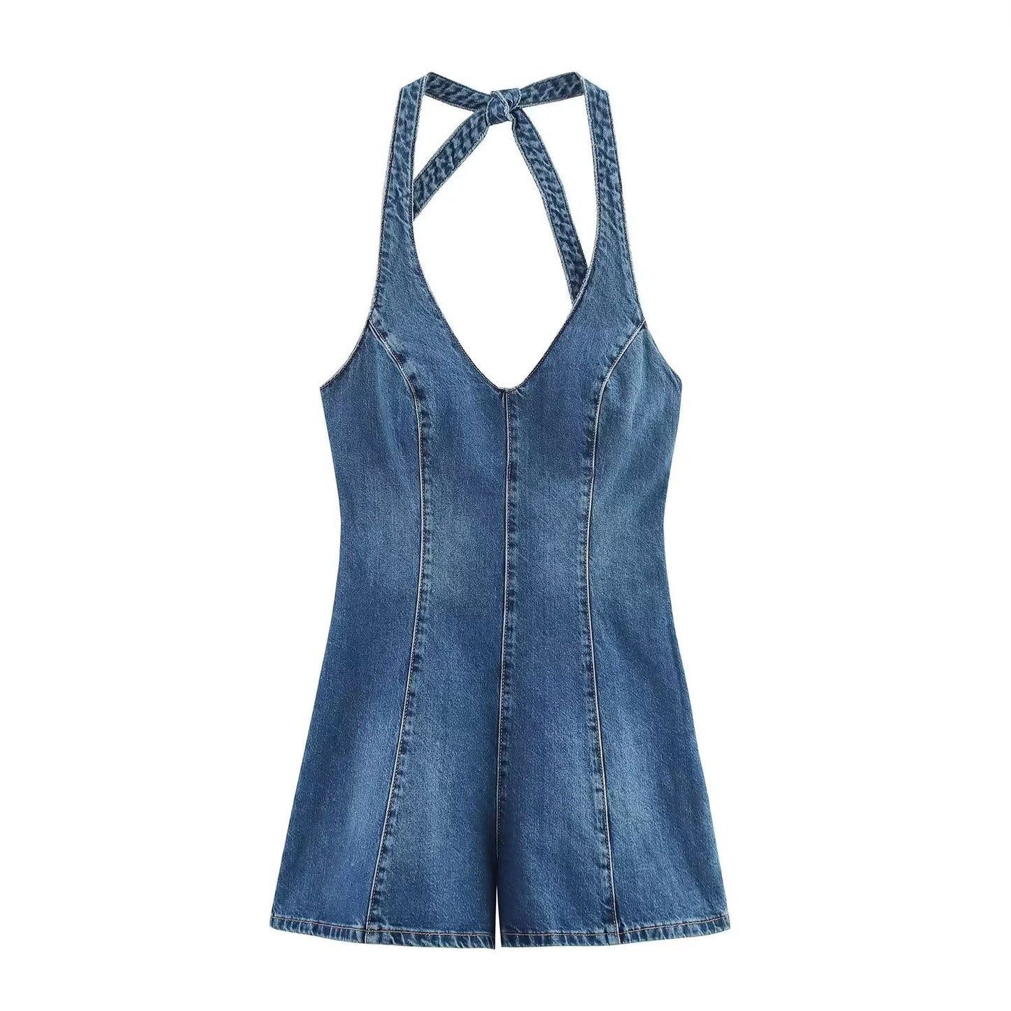 Denim jumpsuit til kvinder med V-udskæring, figursyet pasform og halterneck med åben ryg