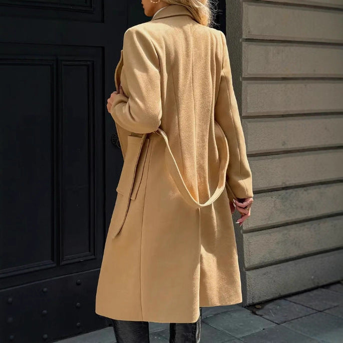 Women's Woolen Simple Lace Waist-tied Coat