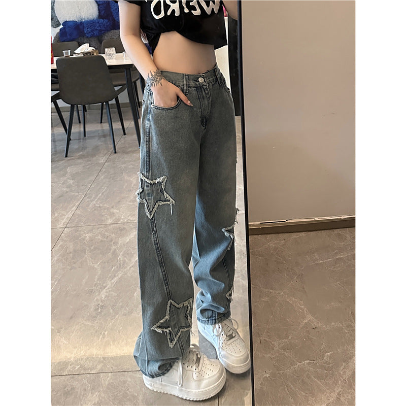 Blå XINGX Broderede Jeans Dame Løse Bukser med Lige Ben og Vide Ben