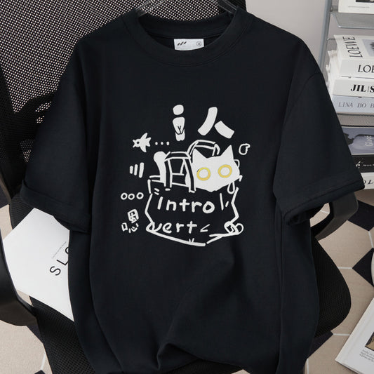 Stylish Cotton Short-Sleeve T-Shirt With A Cat Print