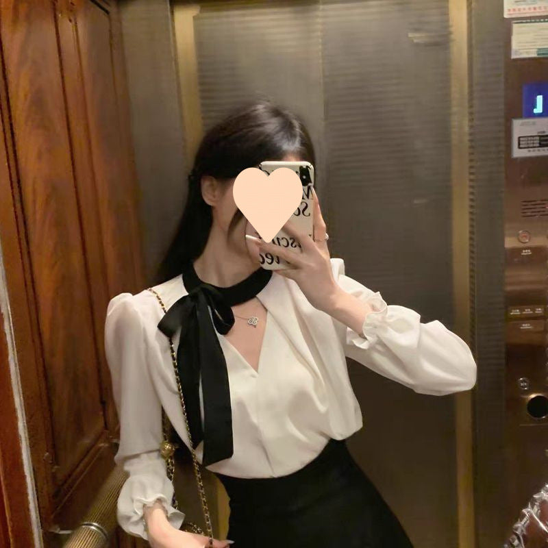 Fashion Dignified Sense Of Design Niche Black And White Long Sleeve Shirt