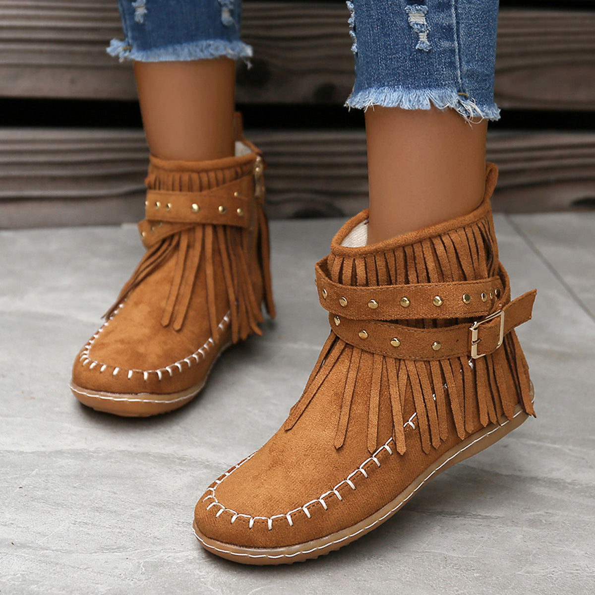 Rivet Flat Tassel Autumn And Winter Short Round Toe Suede Martin Boots