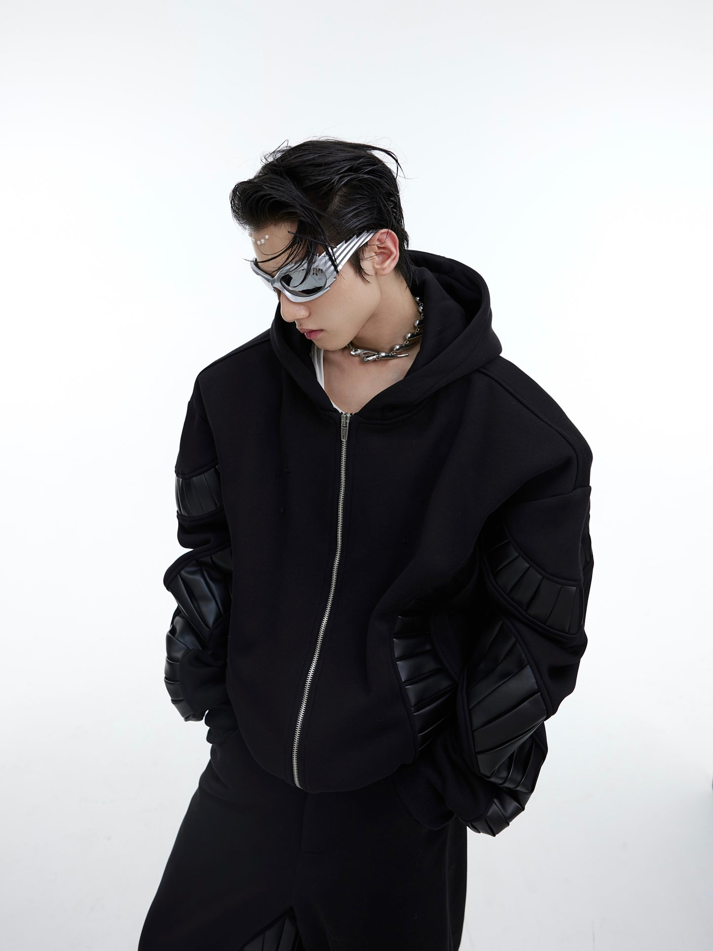 Leather Patchwork Plush Hoodie For Men
