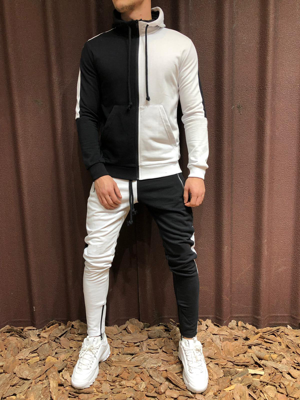 Contrast hooded jacket + pants two-piece suit