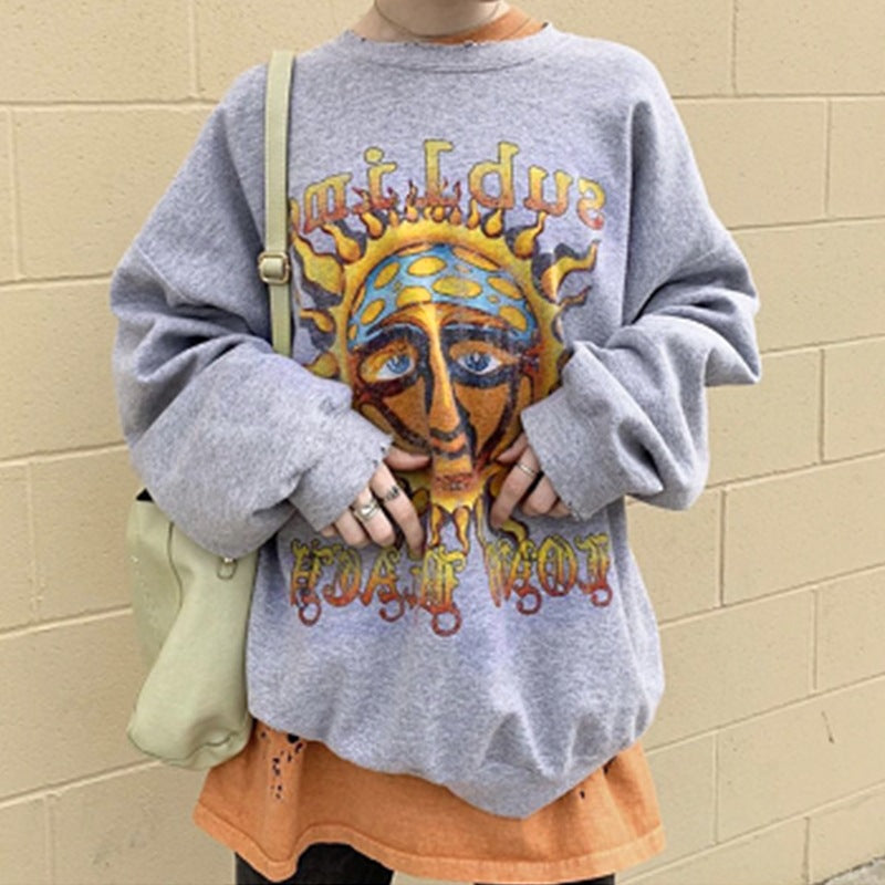 Women's Casual Loose Abstract Sun Letter Print Sweatshirt