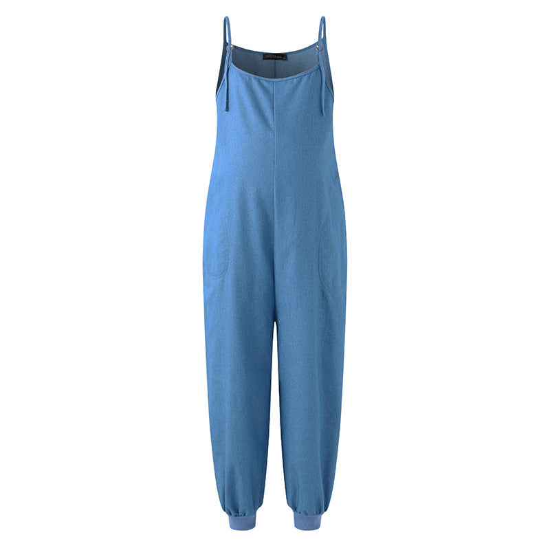 Women's two-color seven-yard one-piece suspenders and ankle jeans