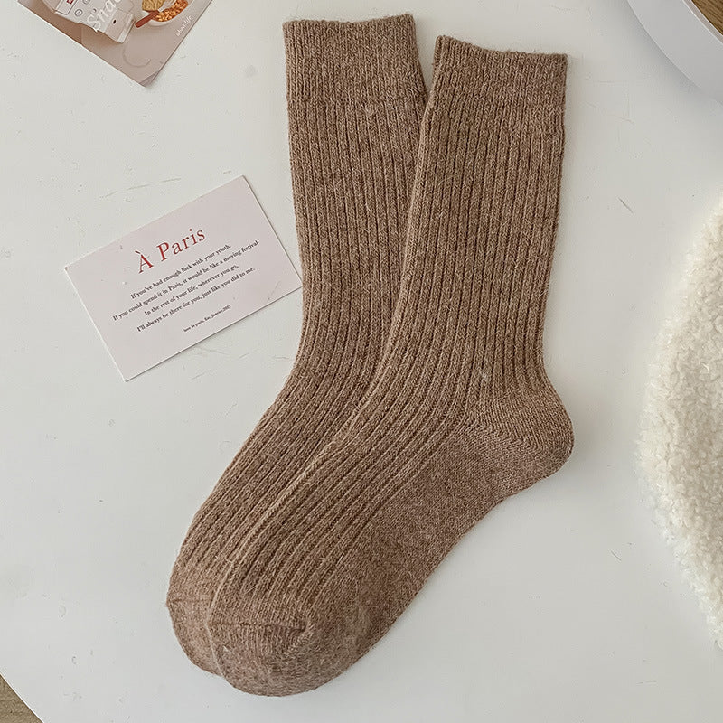 Solid-color Vertical-striped Wool Womens Socks For Fall And Winter