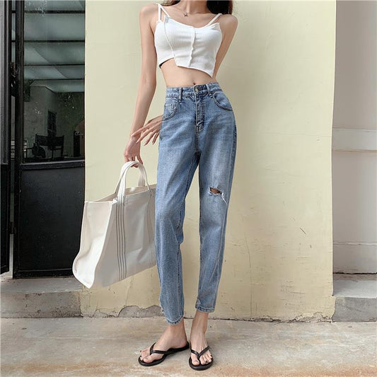 Ripped Nine-point Jeans Women's New Plus Size Fat