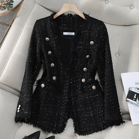 Fransk Societet Elegant V-udskæring Dobbeltradet Tweed Top