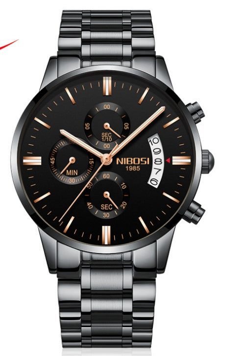 Solid steel belt men's watch waterproof coated glass luminous three-eye 6-pin quartz watch