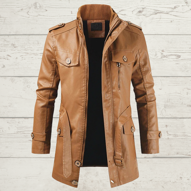 Men's Plus Velvet Casual Stand Collar Leather Trench Coat