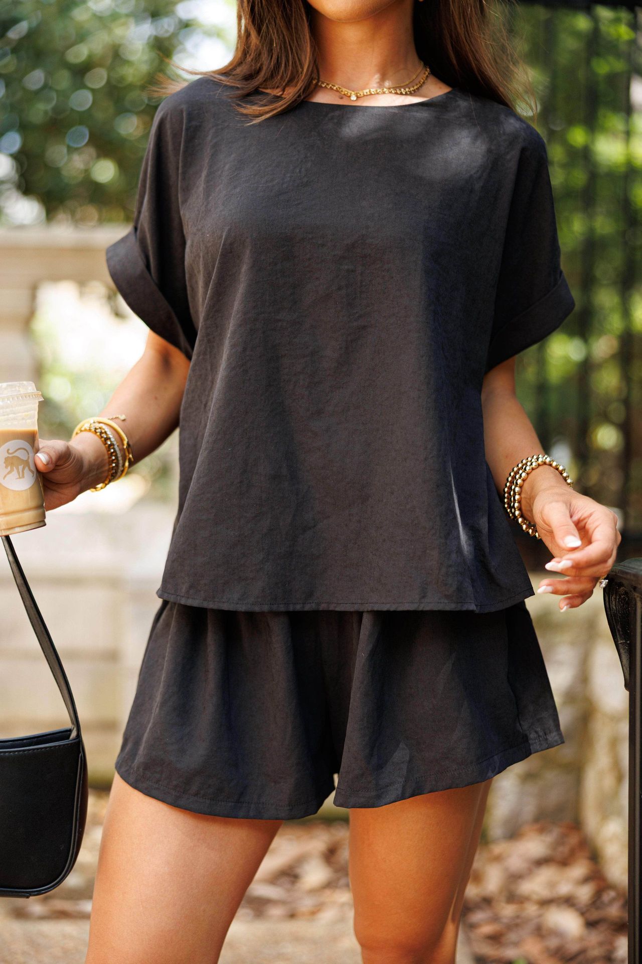 Solid-color Crew-neck Short-sleeve Shorts Two-piece Set