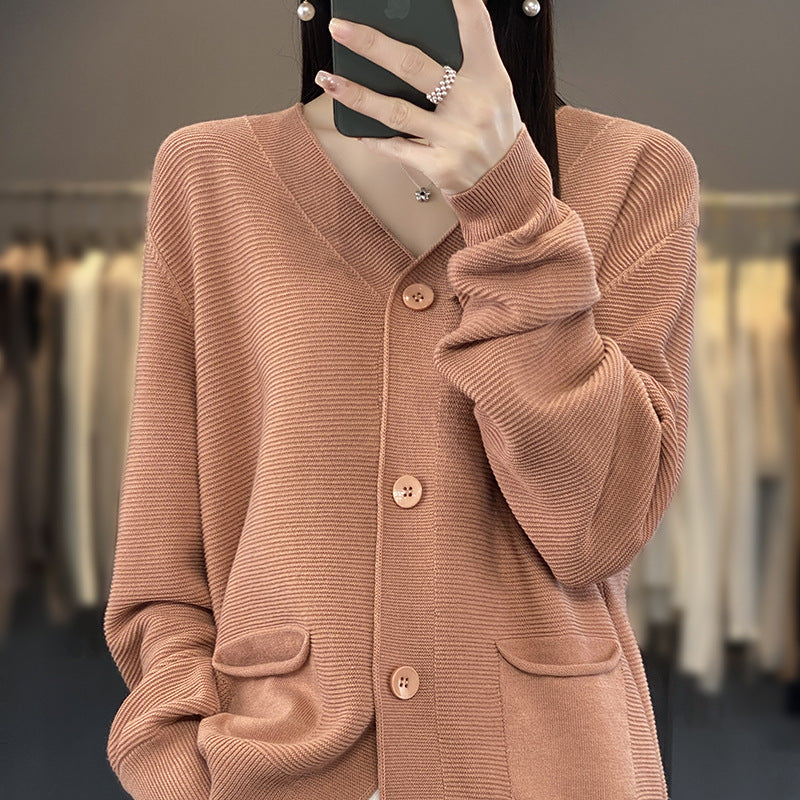 V-neck Solid Color Double Pocket Buckle 100 Cotton Thread Long Sleeve Lazy And Loose Casual Spring Knitted Cardigan For Women