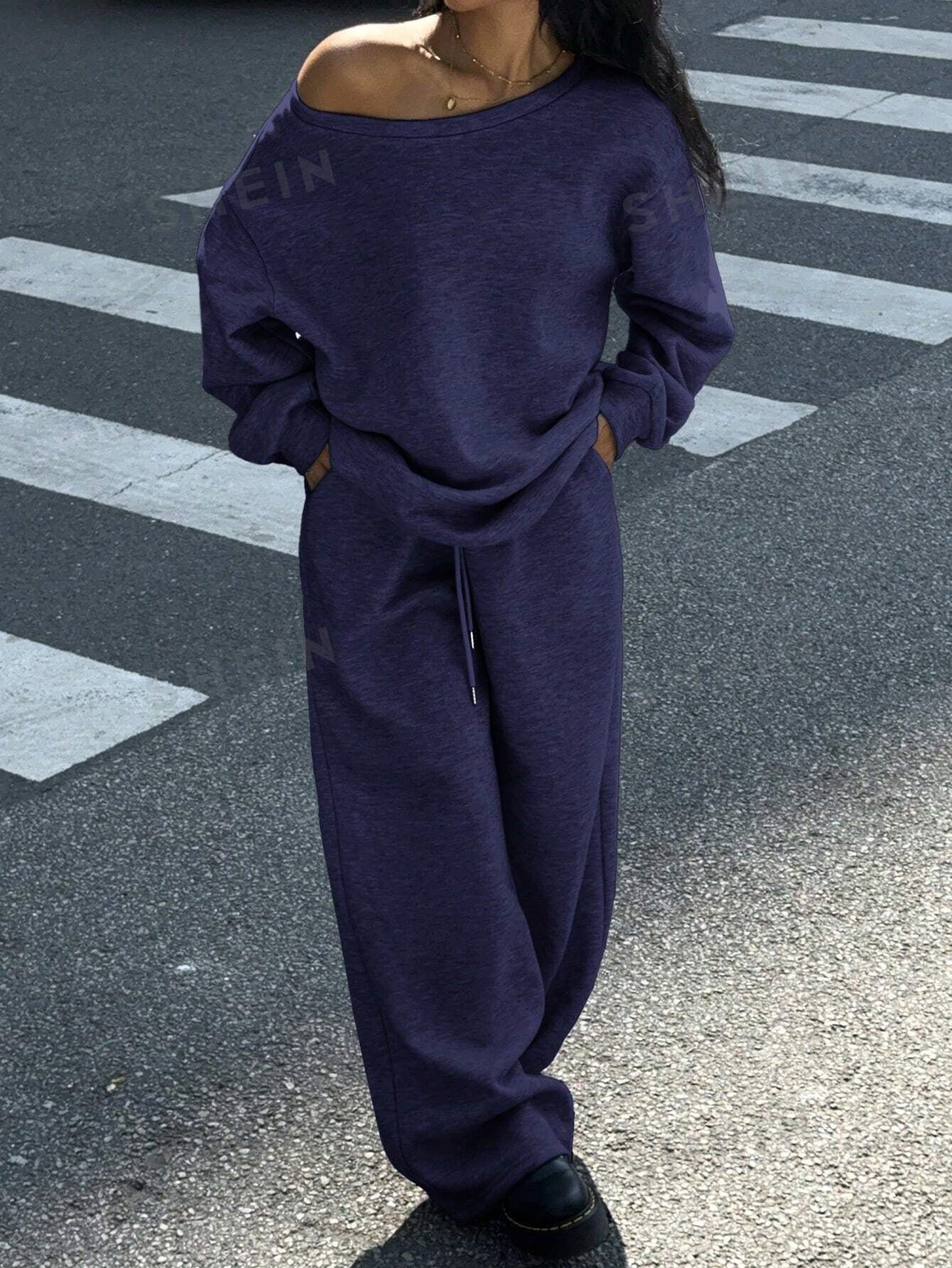 Casual Hættetrøje Med Rund Hals I Løstsiddende Sportsstil Og Casual Buksesæt Til Kvinder