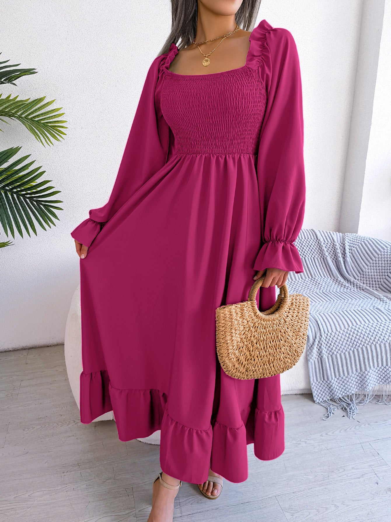 Women's Casual Square Neck Bell Sleeve Flowy Ruffle Maxi Dress
