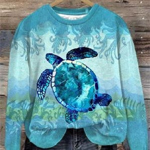 Kvinders Efterårs- og Vintertrends Digitaltrykt Rundhalset Sweater med Slidsede Skuldre og Lange Ærmer