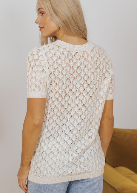 Beige Hollow Out Crochet O Neck Short Sleeve Sweater Tee