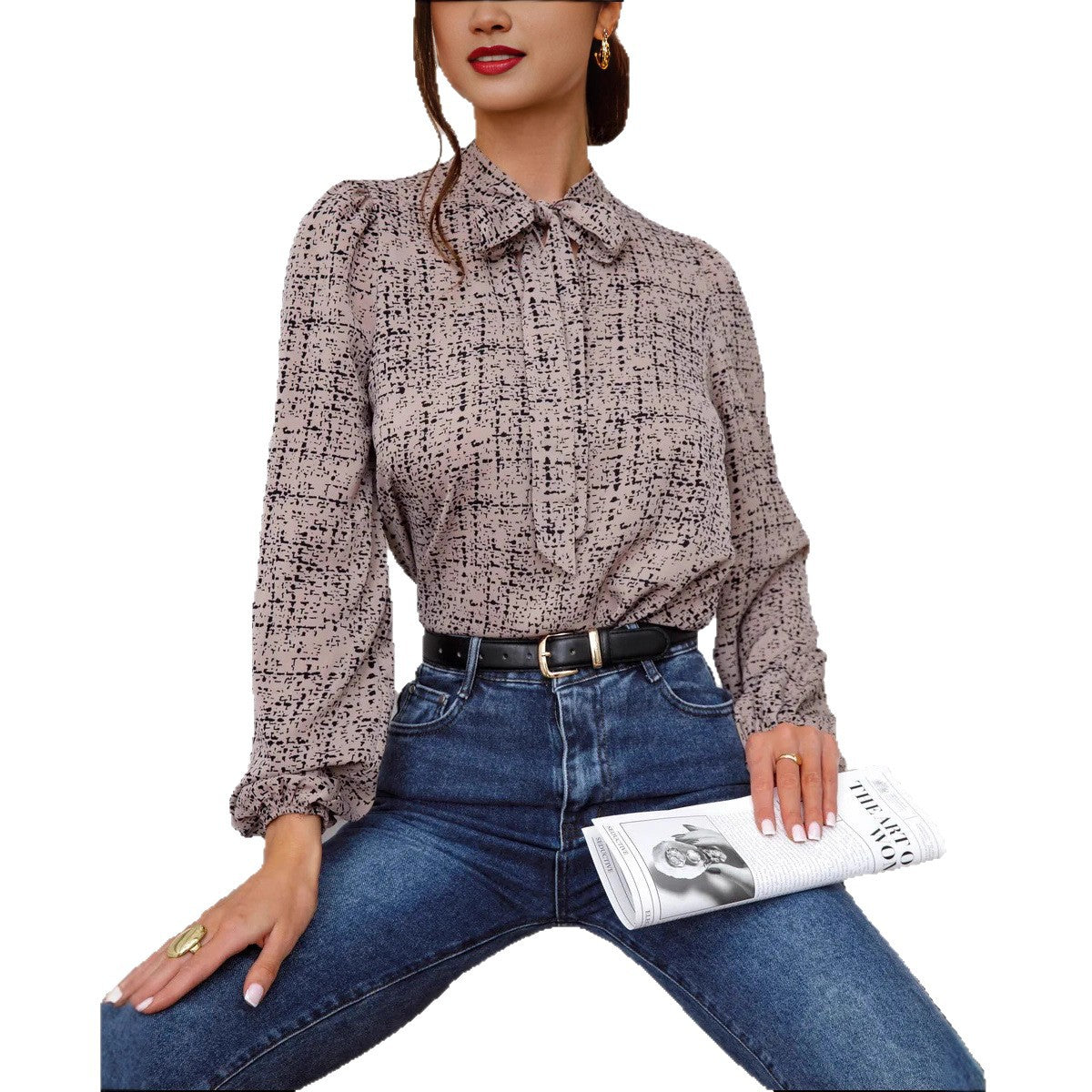 Casual And Stylish Womens Printed V-neck Long-sleeve Shirt