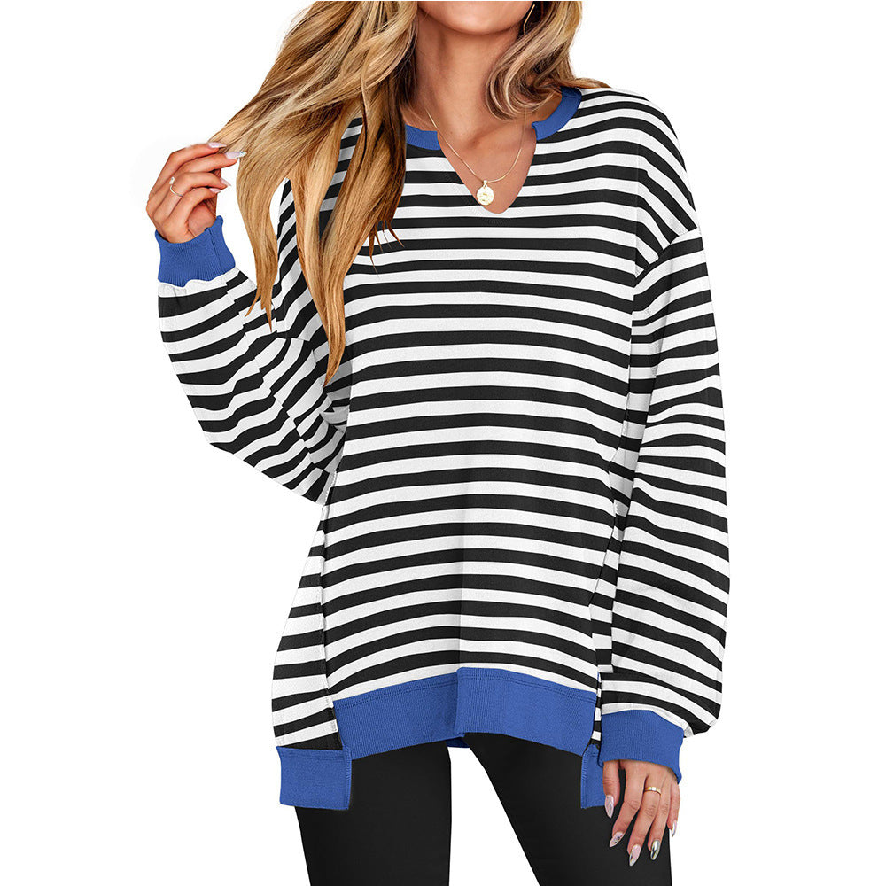 Dame Stribet V-hals Løs Sweatshirt Strik