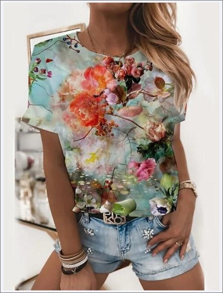 Peacock Landscape Printing Casual Short-sleeved Round Neck T-shirt