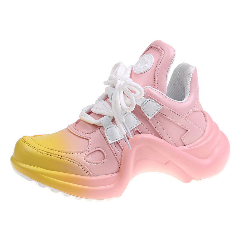 Height-enhancing Sponge Cake Thick-soled Breathable Color-blocking Bow Sports Shoes