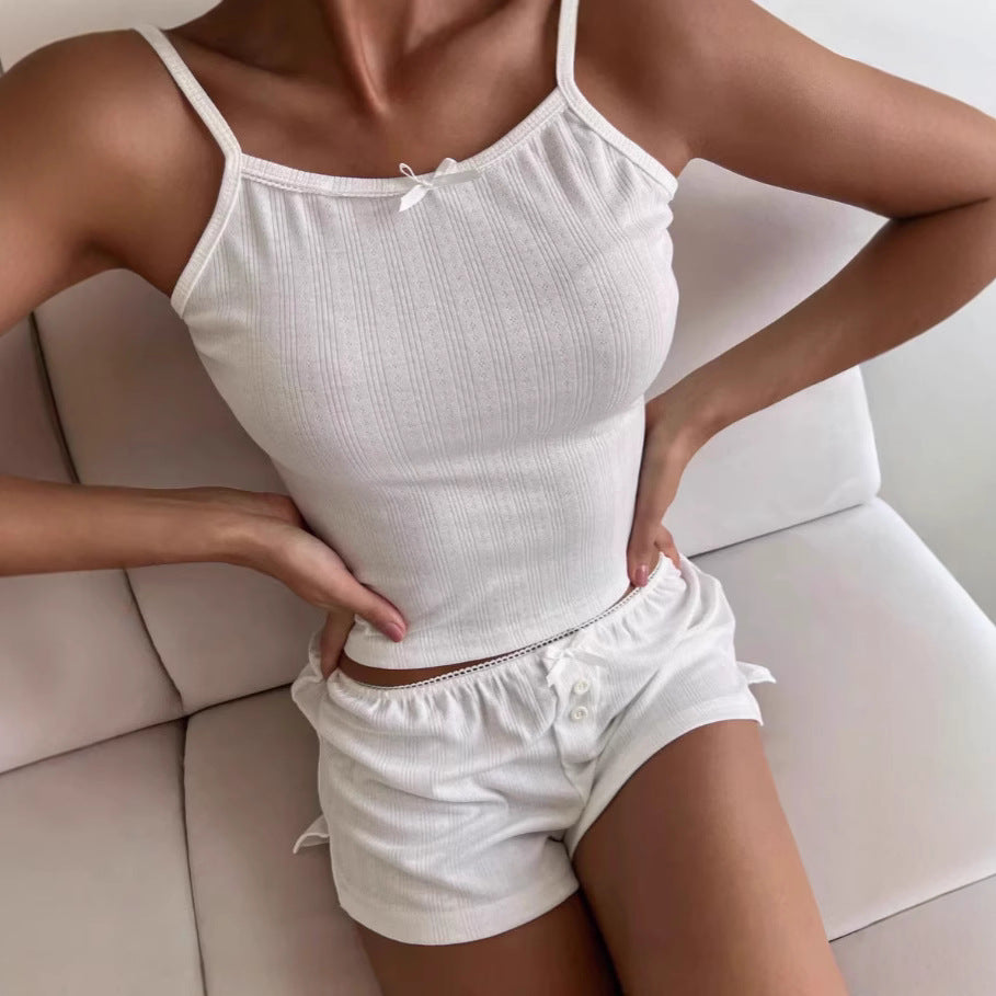 Jacquard Hollow-out Pajama Set Fitted Vest Shorts Sexy Two-piece Home Wear For Women