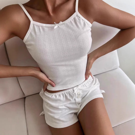 Jacquard Hollow-out Pajama Set Fitted Vest Shorts Sexy Two-piece Home Wear For Women