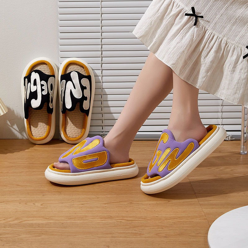 Linen Slippers Women's Men's Face Letter Embroidery