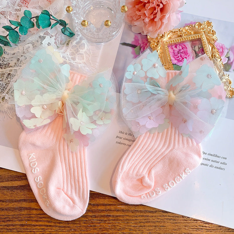 Cute Big Bow Girl In Tube Knitted Cotton Socks