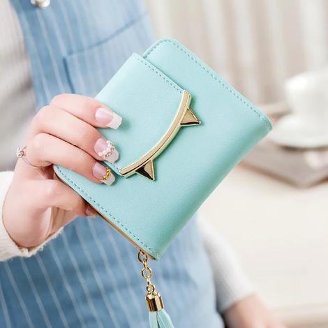 Cute Cat Ears Leather Short Tassel Women Wallet Small Day Clutch Trifold Female Purse ID Coin Card Holder Mini Bag