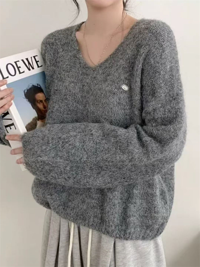 Loose V-neck Fluffy Versatile Casual Minimalist Knit Top