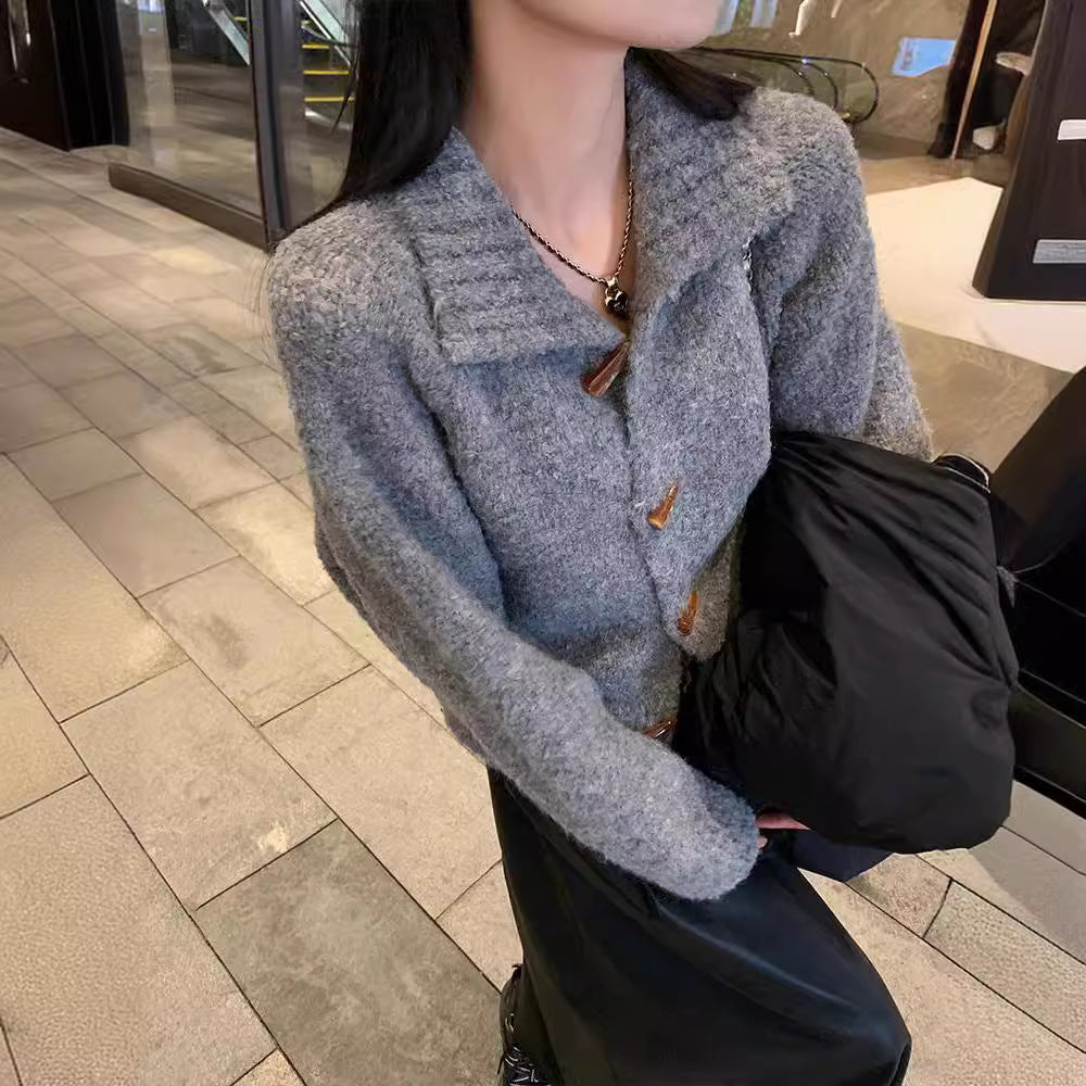Retro Horn Button Solid Color Sweater Coat For Women