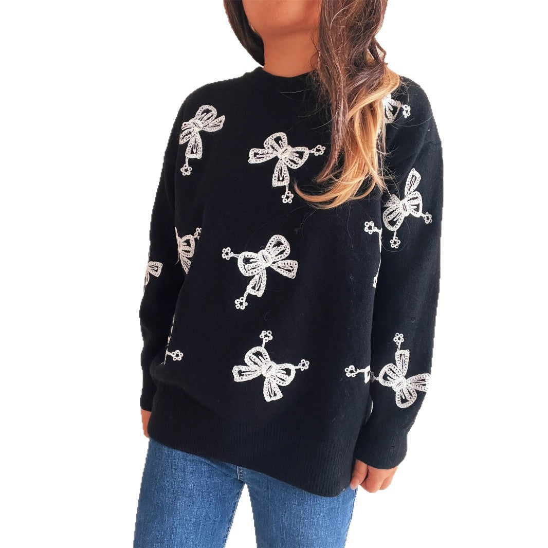 Contrast Color Bow Casual Loose Knitted Round Neck Sweater