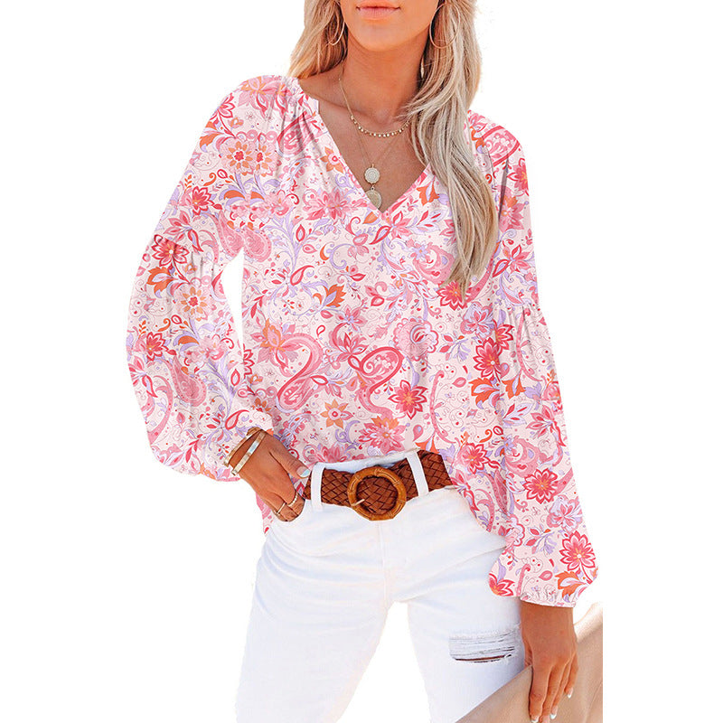 Dames Floral Chiffon Skjorte Løs V-hals Casual Top